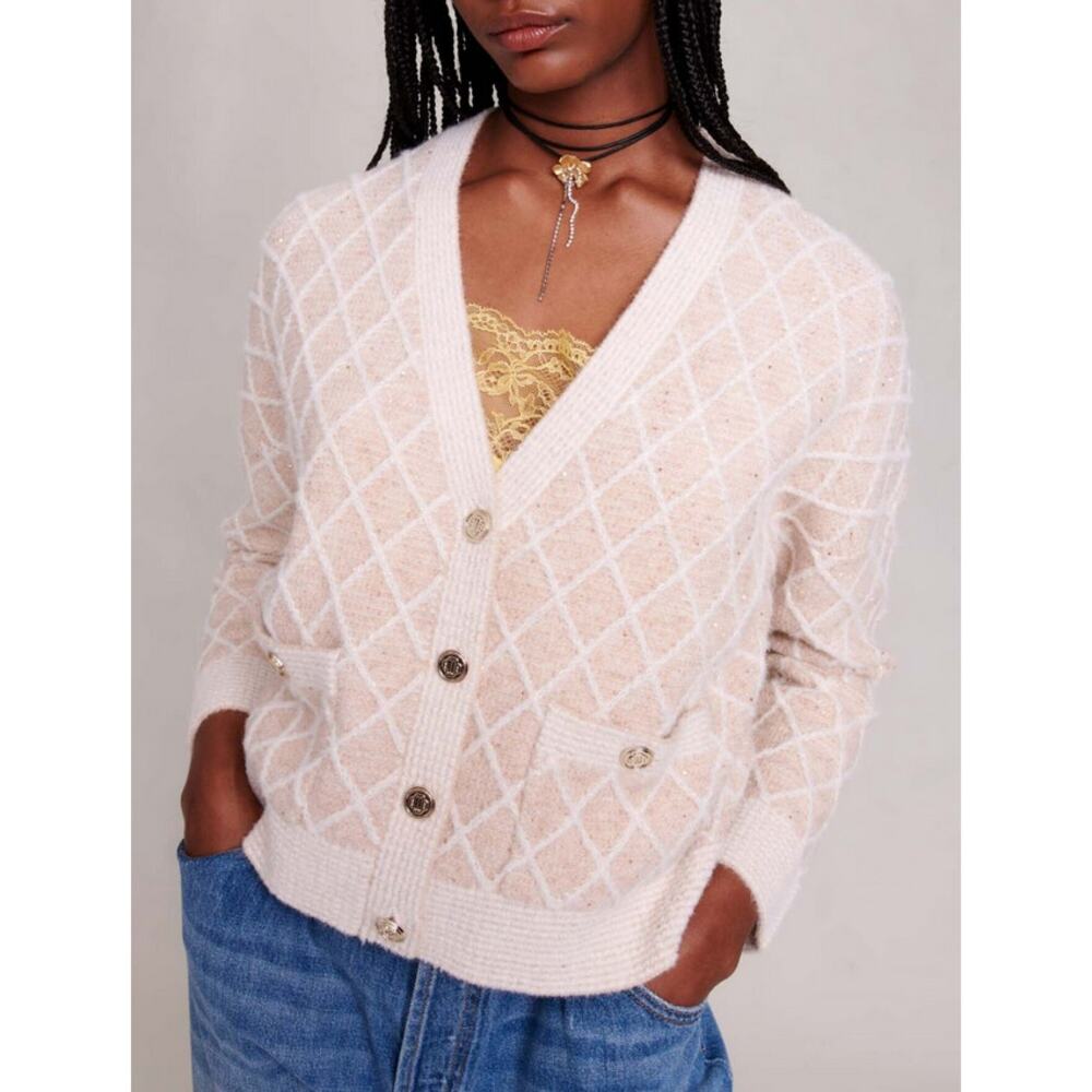 MAJE Moovida‎ Metallic Cardigan Sweater In Camel Fall Preppy Minimalist Luxury - Picture 5 of 7